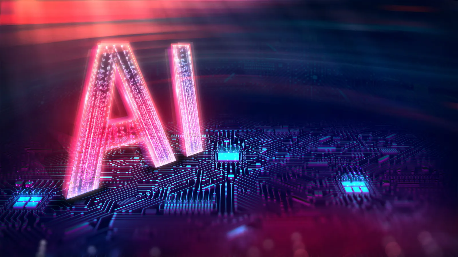 Glowing red letters AI over a dark electronic circuit with blue details, in a digital setting.