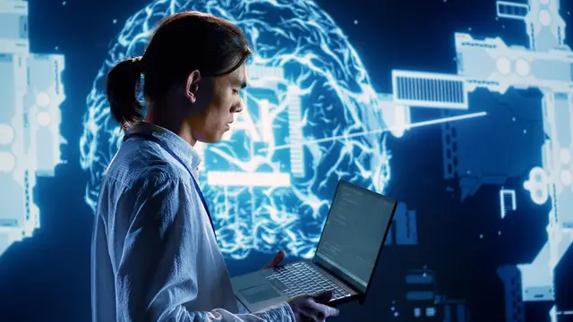 Woman in profile holding a laptop in front of a glowing brain with the letters AI and circuit elements on either side.