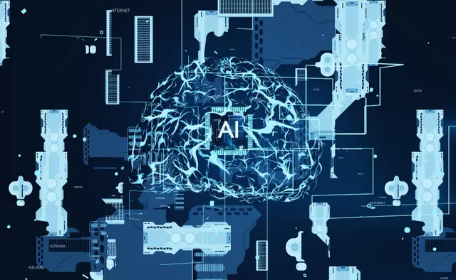 Glowing brain with an AI chip at its center, surrounded by blue circuitry, standing for the neural networks LeCun developed.