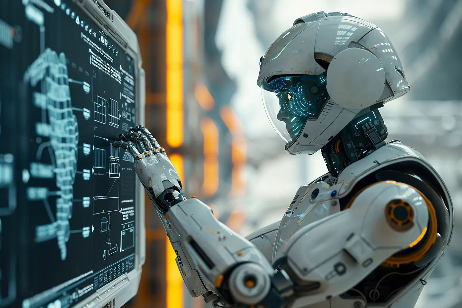 White humanoid robot in a helmet and visor touches a screen of technical diagrams with its hand, in an industrial setting.