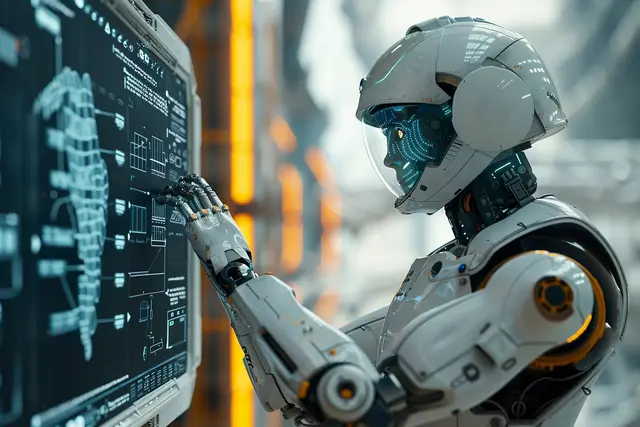 White humanoid robot in a helmet and visor touches a screen of technical diagrams with its hand, in an industrial setting.