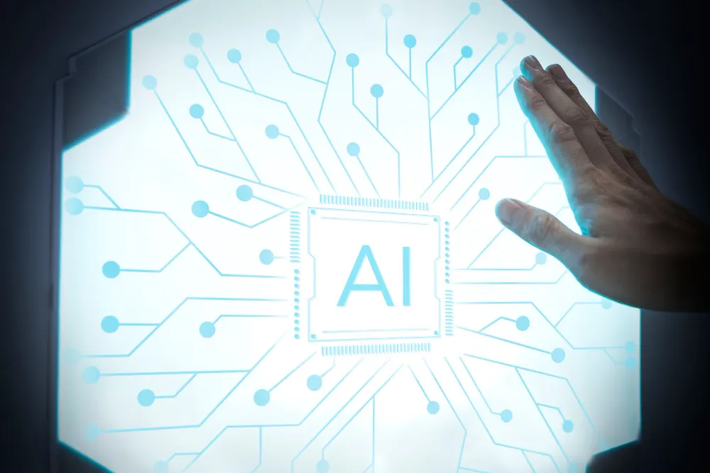 Hand resting on a hexagonal glowing panel with a central chip marked AI and blue circuit traces.