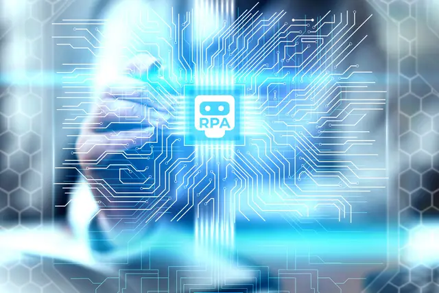 Hand in front of a glowing circuit with a chip labeled RPA at its center, against a blurred blue automation background.