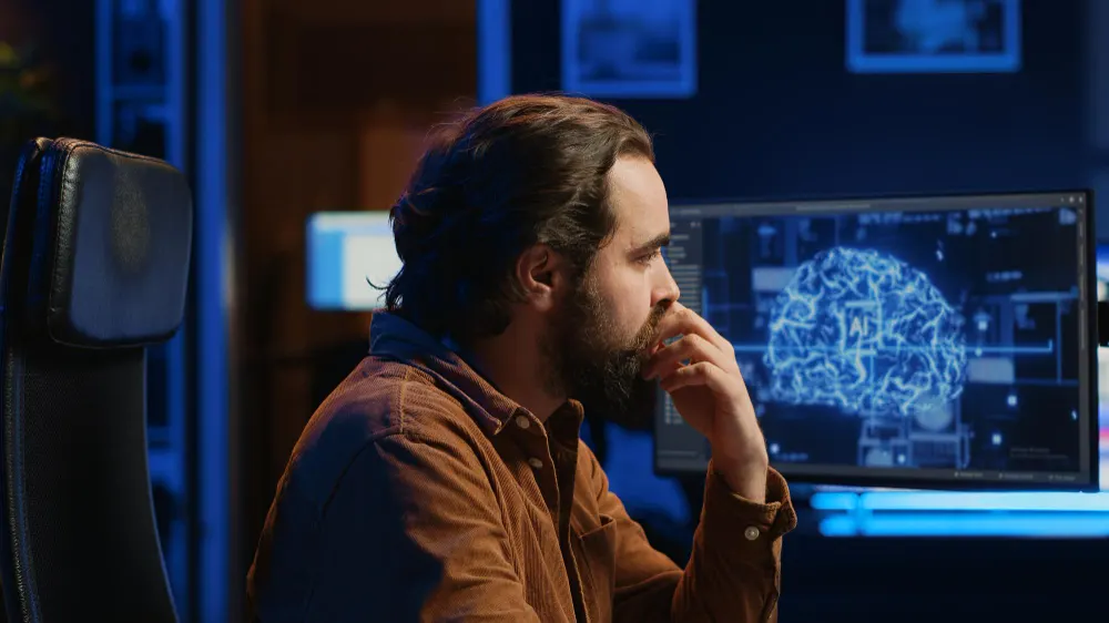 Bearded man with his hand over his mouth looks at a monitor showing a blue brain, in a dimly lit office.