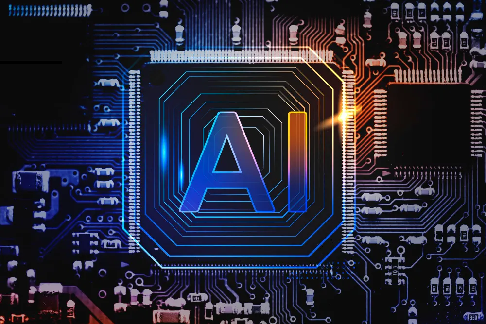 Glowing chip with the letters AI at the center of a dark circuit board in blue and orange tones.