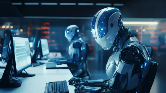 Two white and blue humanoid robots sit at computers in an office with red lights in the background.