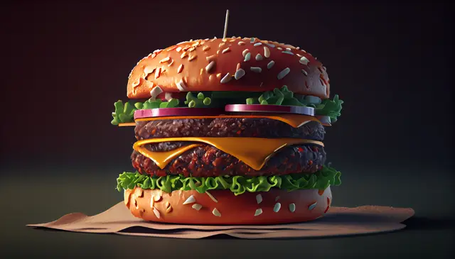 Double burger with cheese, lettuce and red onion on paper, a digitally generated illustration against a dark background.