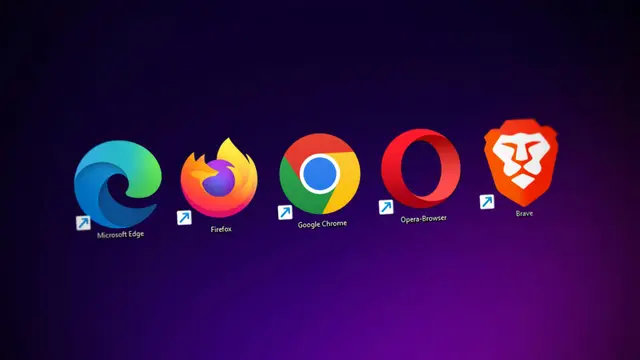 Icons of five web browsers, including Edge, Firefox, Chrome, Opera and Brave, on a purple gradient background.