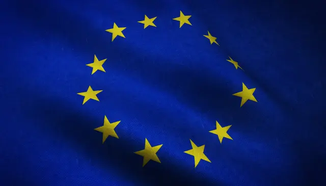 Waving flag of the European Union, with twelve yellow stars in a circle on a blue field.