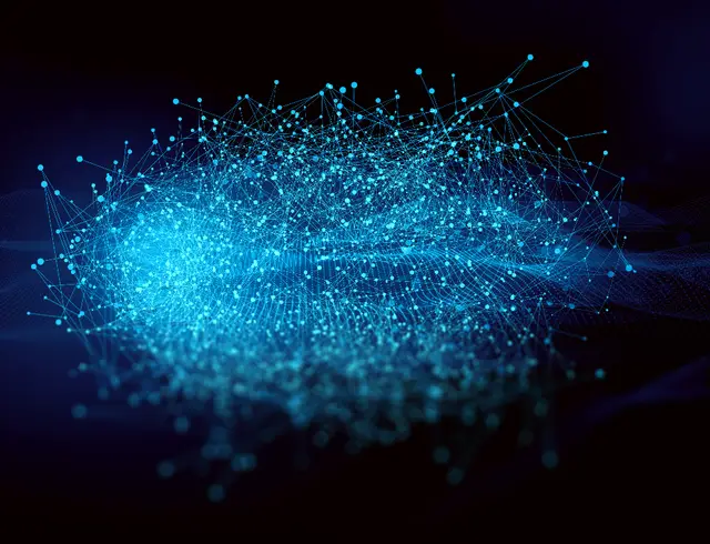 Network of glowing blue points joined by thin lines on a dark background, resembling a neural network.