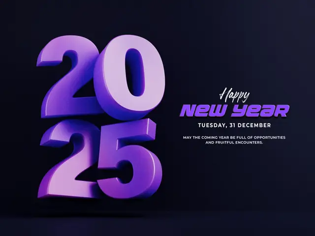 Three-dimensional violet 2025 numerals on a dark background beside a New Year greeting dated December 31.