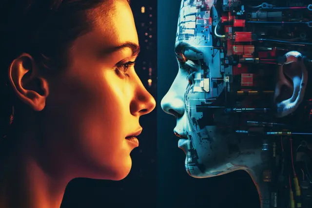 Profile of a woman on the left facing the profile of a robotic face full of circuitry on the right, in orange and blue light.