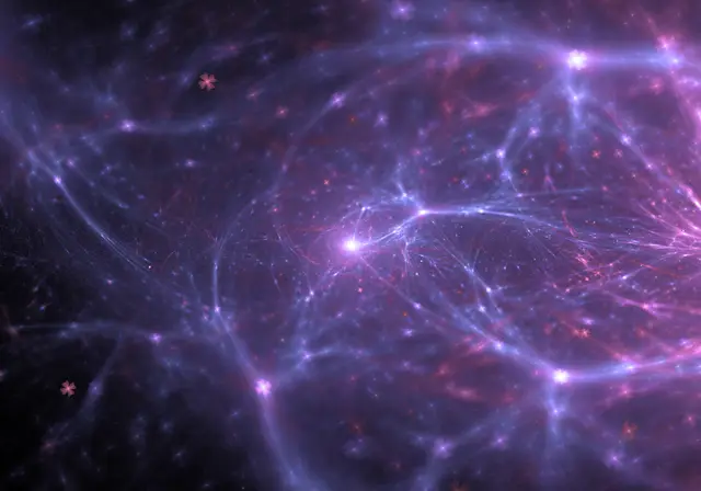 Web of glowing violet and blue filaments with bright nodes on a dark background, suggesting neural connections.