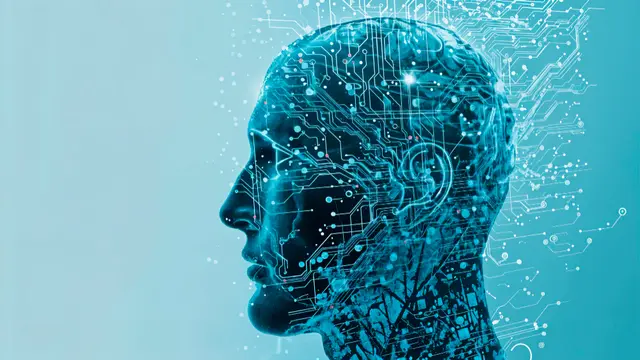Profile of a human head in light blue tones with circuits and points of light spreading across the brain.
