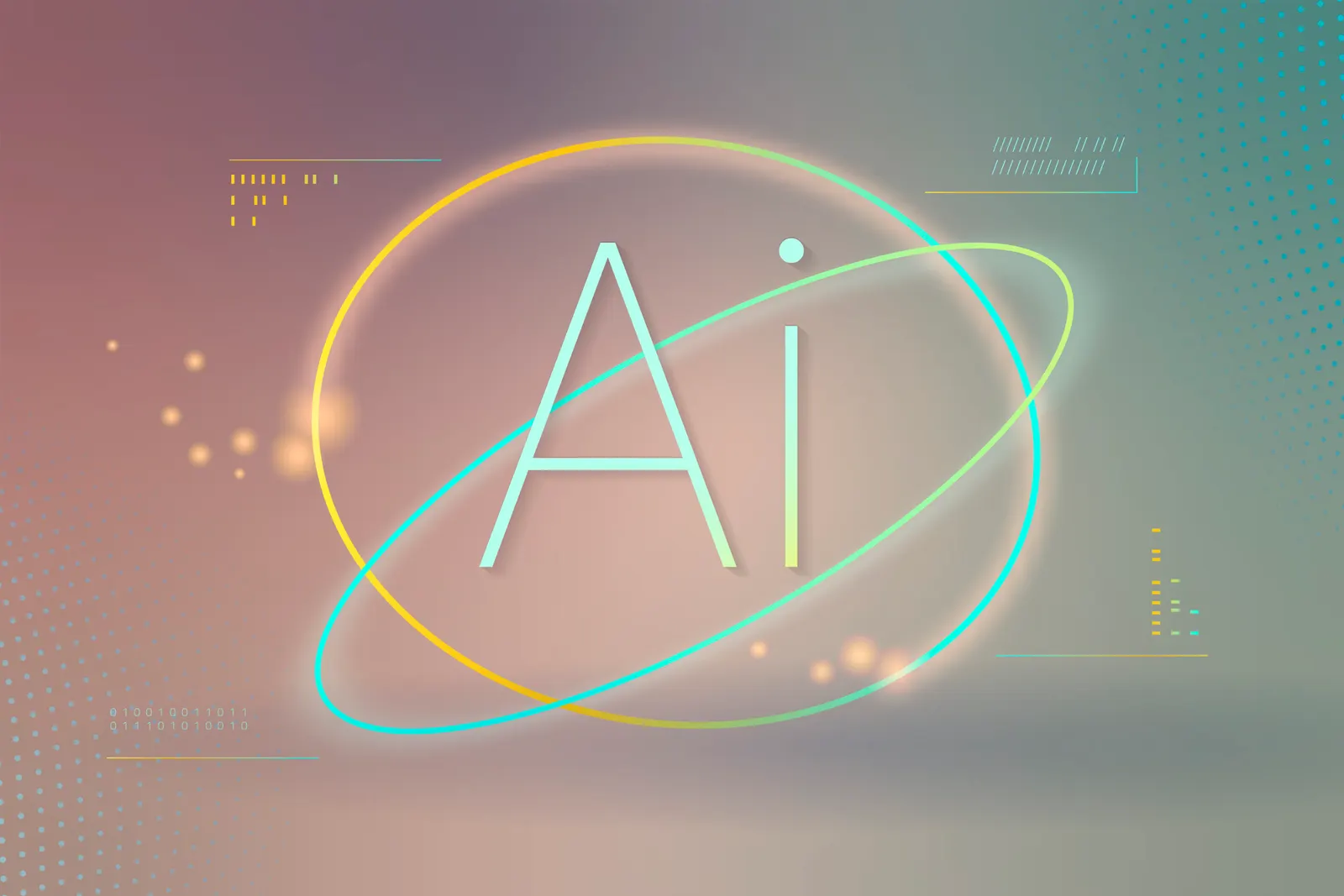 The letters AI ringed by two glowing orbits, one yellow and one turquoise, on a pink and green gradient background.
