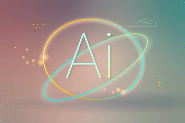 The letters AI ringed by two glowing orbits, one yellow and one turquoise, on a pink and green gradient background.