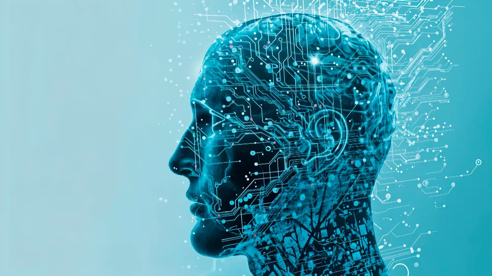 Profile of a human head in light blue tones with circuits and points of light spreading across the brain.