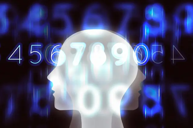 Glowing silhouette of two overlapping heads over a curtain of blurred blue digits.