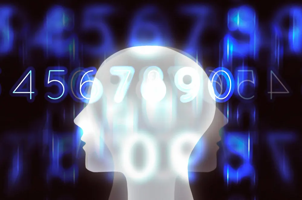 Glowing silhouette of two overlapping heads over a curtain of blurred blue digits.