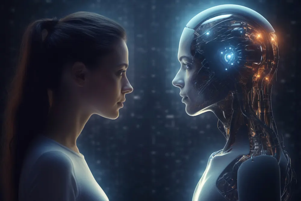 A woman and a robot with a humanoid face look at each other in profile against a dark blue background with figures, in cool light.