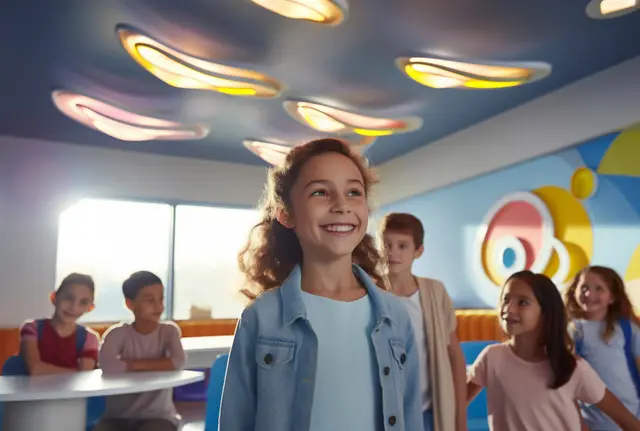 A smiling girl stands in front of a group of children in a bright classroom with oval ceiling lights and a colorful mural.