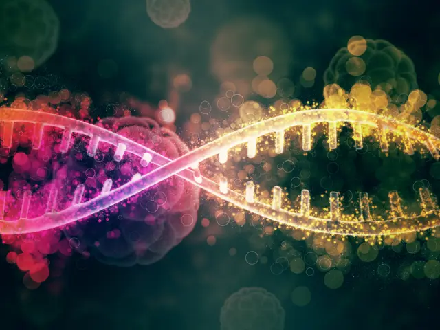 Glowing DNA double helix in pink and gold tones against a dark background with blurred cell-like shapes.