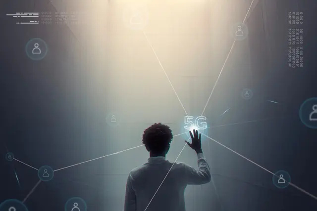 Person seen from behind touching a glowing node labeled 5G, among network lines and user icons