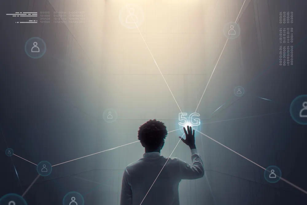 Person seen from behind touching a glowing node labeled 5G, among network lines and user icons