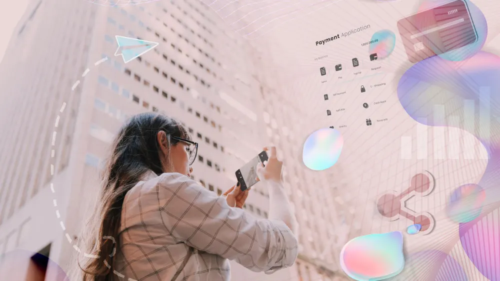 Woman with glasses photographing a tall building with her phone, with payment icons and digital interfaces overlaid in pink tones