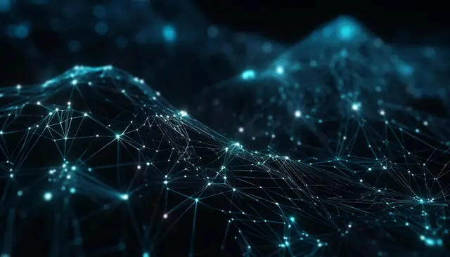 Network of glowing points joined by thin lines on a dark background, forming a relief of digital mountains