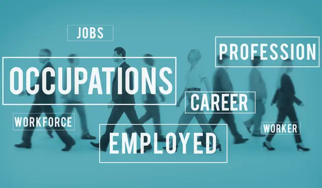 Blurred people walking against a teal background with words such as jobs, occupations, profession, career and workforce