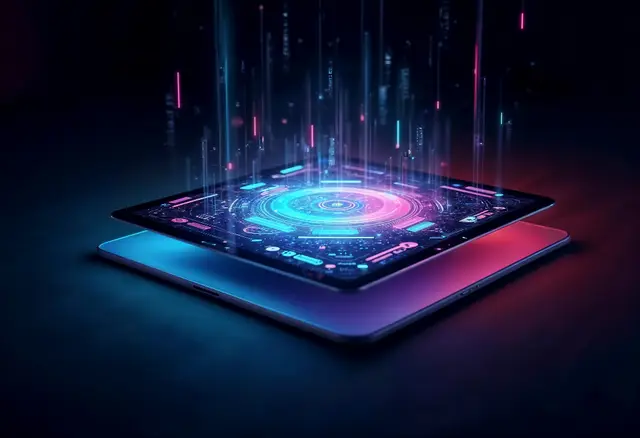 Futuristic tablet with neon rings of light and columns of data rising above a dark background, an image of the technology whose benefits Altman wants to spread