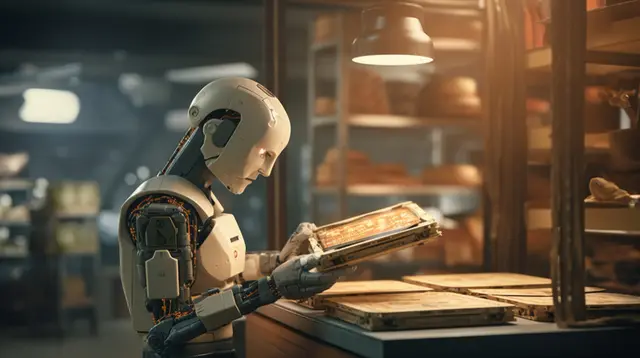 White humanoid robot examining a wooden tray in a warmly lit workshop, an image of robots working in real environments