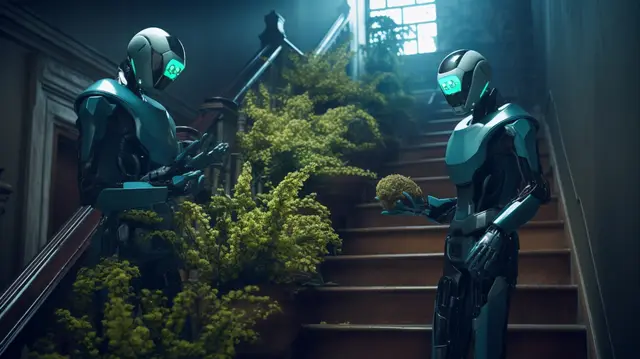 Two humanoid robots with green visors on a wooden staircase surrounded by plants, an image of machines entering everyday spaces