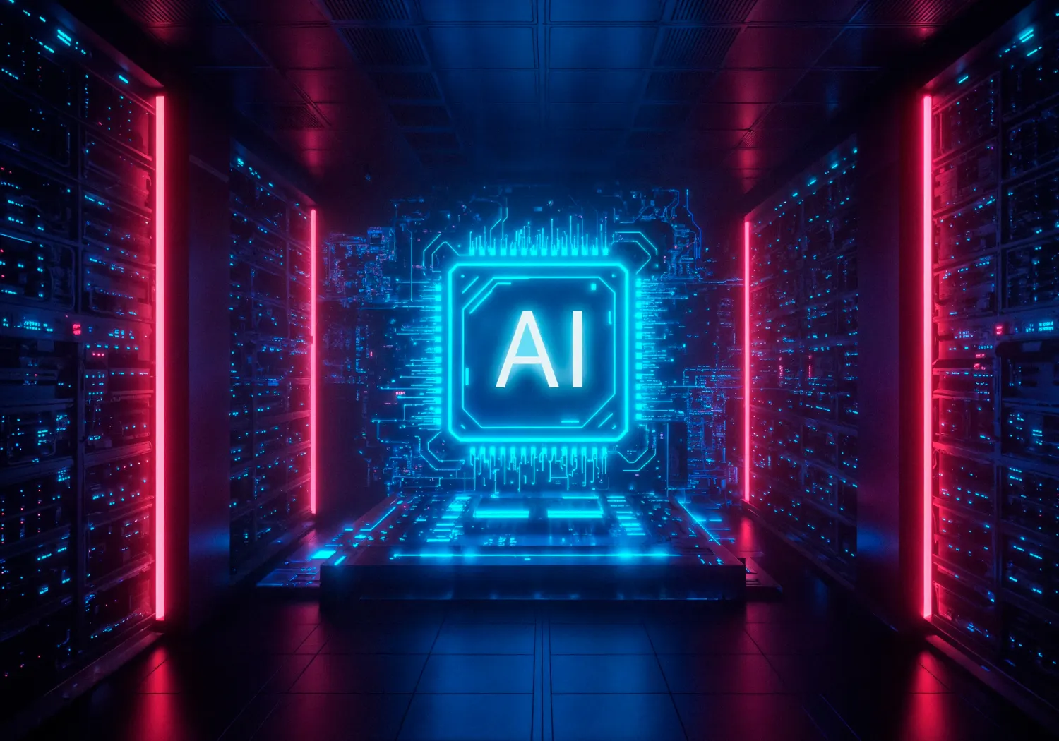 Glowing chip with the letters AI at the center of a server hall lit in blue and red, a symbol of artificial intelligence infrastructure