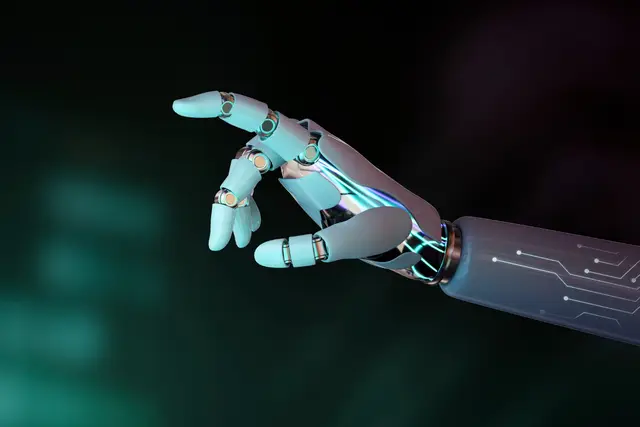 Robotic hand with a silver finger pointing forward against a dark green background