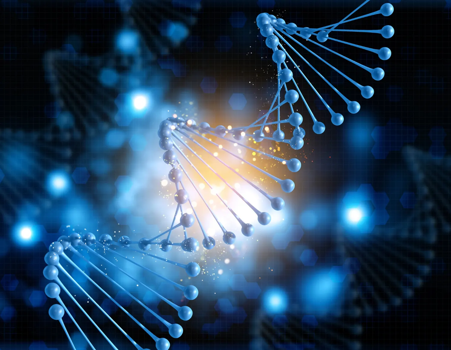 Blue DNA double helix with a golden glowing core on a dark background, an image of the biology Kurzweil expects to reprogram with AI