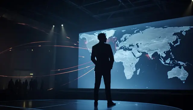Silhouette of a man in a suit facing a giant screen with a world map, an image of the geopolitical contest over technology
