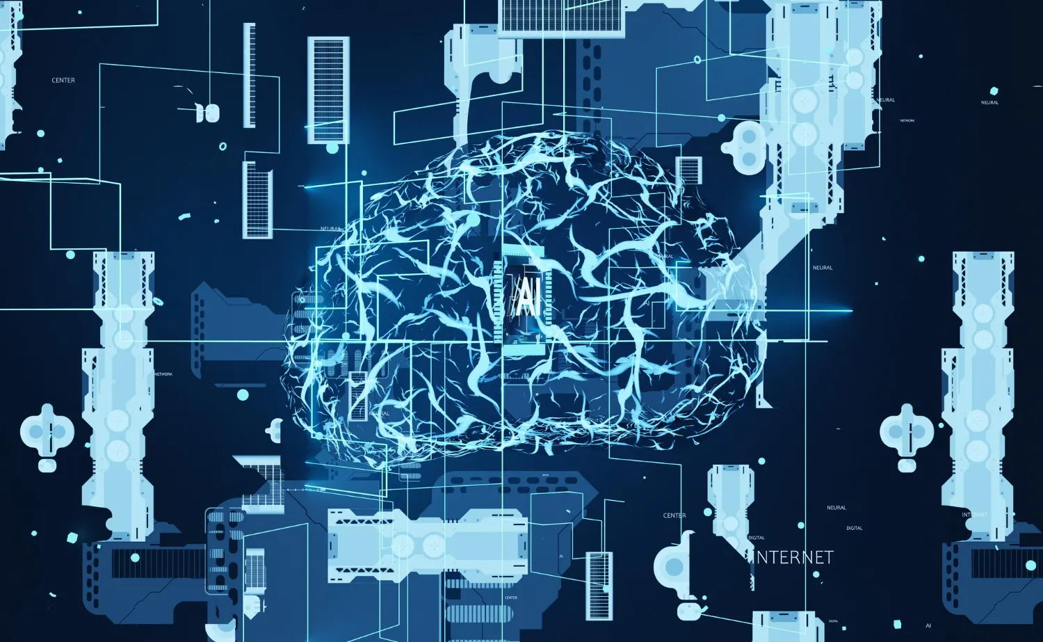Glowing blue brain of light lines over a circuit-board background, an image of the digital technology whose power Mattarella questions in his speech