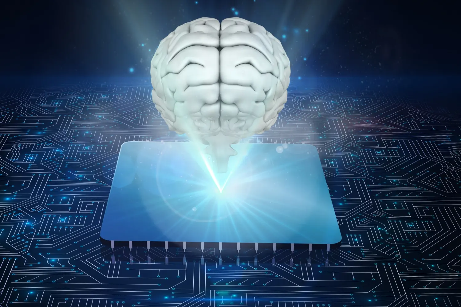White brain floating above a glowing chip with blue circuitry below, illustrating Altman’s vision of AI that scales with infrastructure