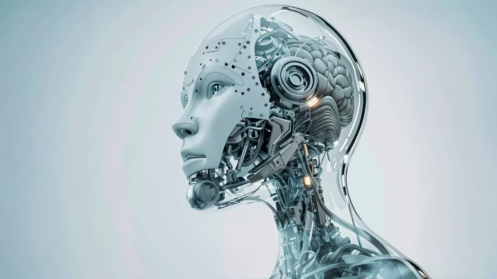 Silver humanoid robot head with a visible brain, against a light background