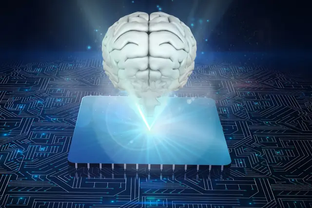 White brain floating above a glowing chip with blue circuitry below, illustrating Altman’s vision of AI that scales with infrastructure