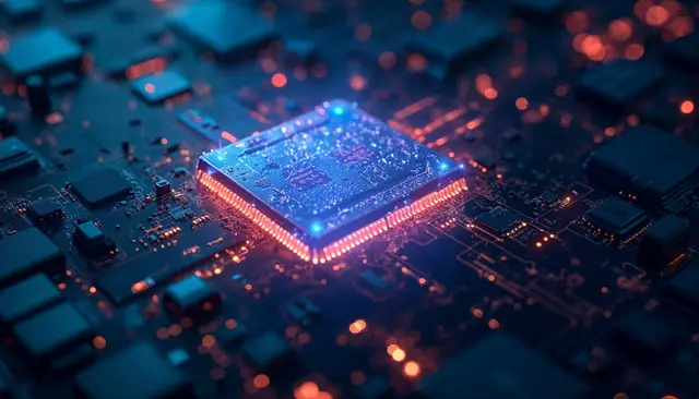 Glowing chip with red and blue edges on a dark circuit board