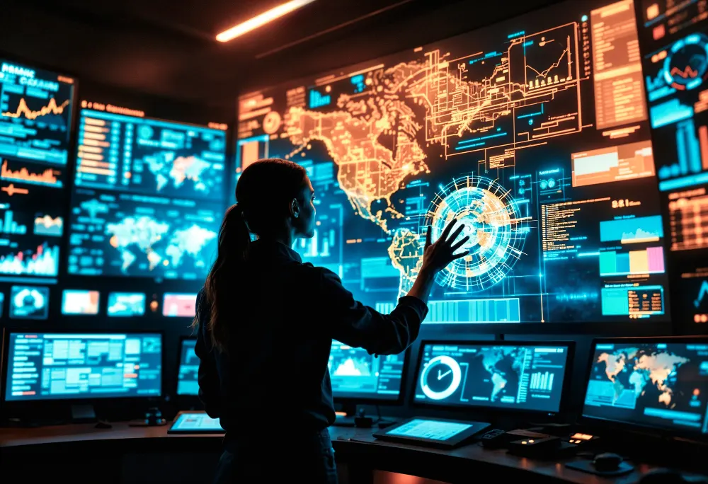 Woman in front of a wall of screens showing a world map and data panels in a control room