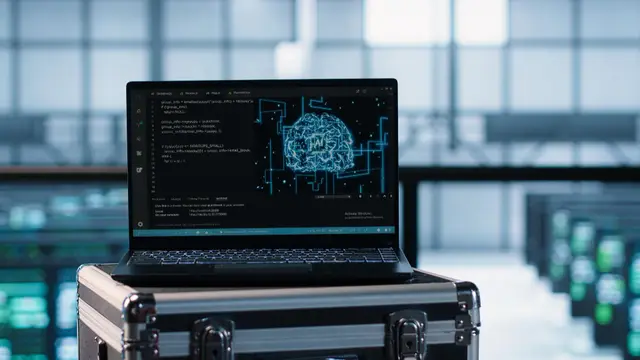 Laptop on a metal case showing a digital brain on screen, with servers in the background