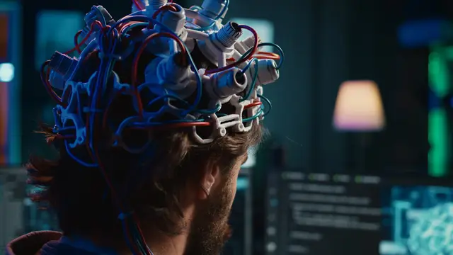 Person seen from behind wearing a mesh of blue and red cables over the head in a laboratory