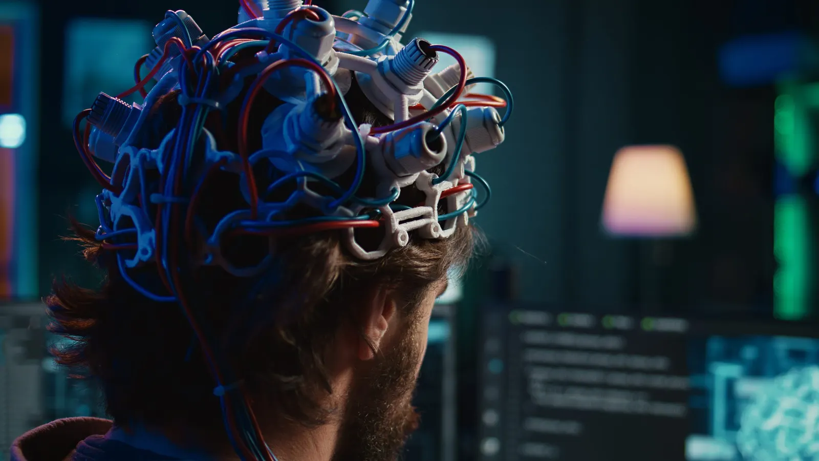 Person seen from behind wearing a mesh of blue and red cables over the head in a laboratory