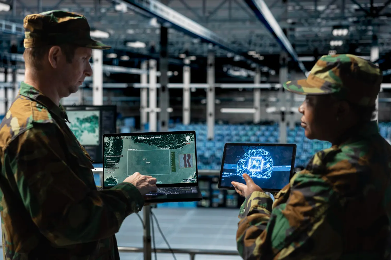 Two soldiers in camouflage uniforms review maps and a digital brain graphic on laptops inside a large hangar