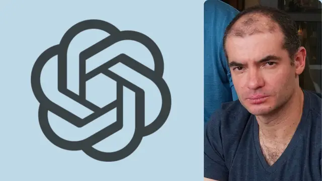OpenAI logo next to the portrait of a short-haired man in a blue T-shirt, against a light blue background