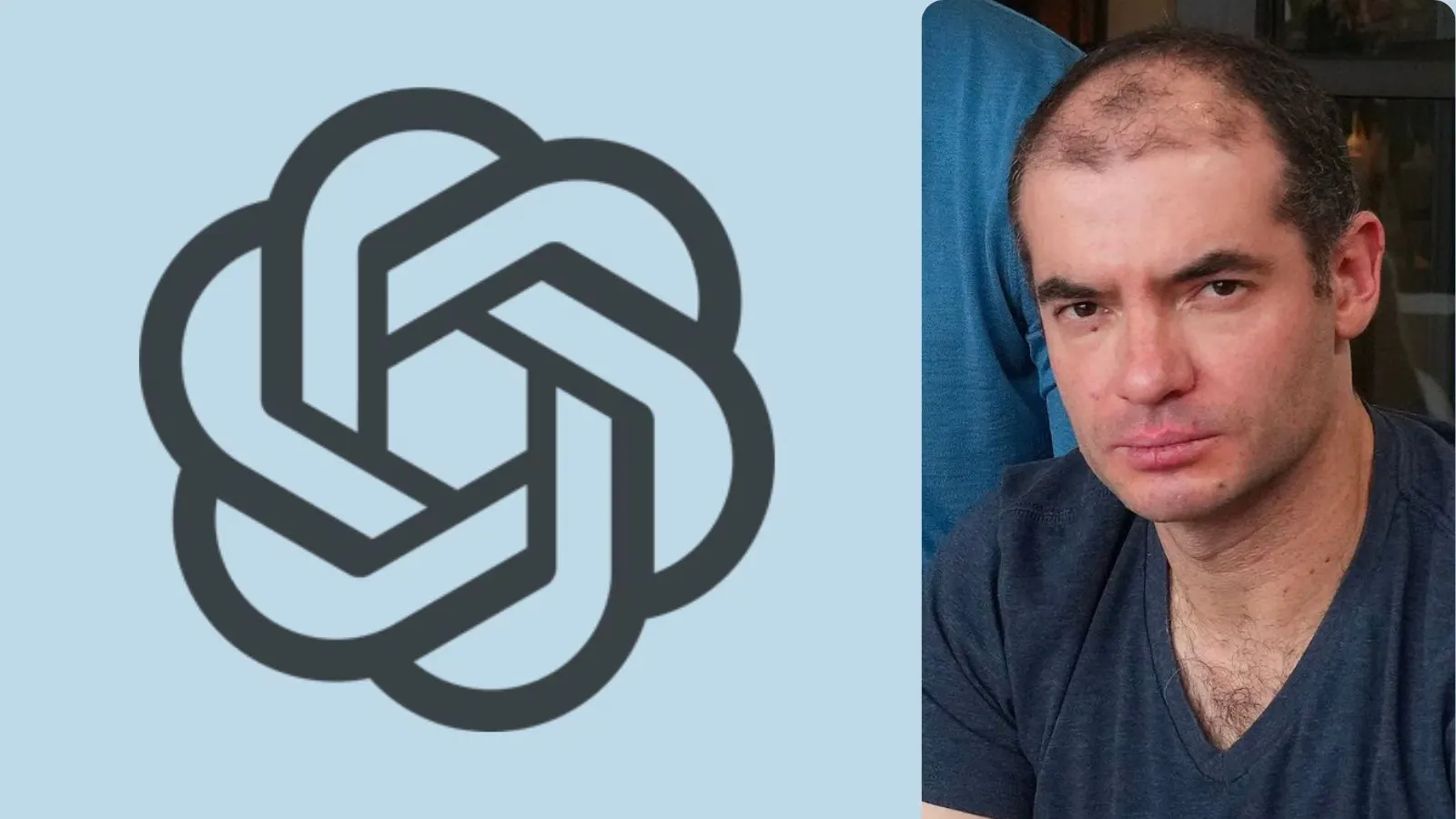 OpenAI logo next to the portrait of a short-haired man in a blue T-shirt, against a light blue background